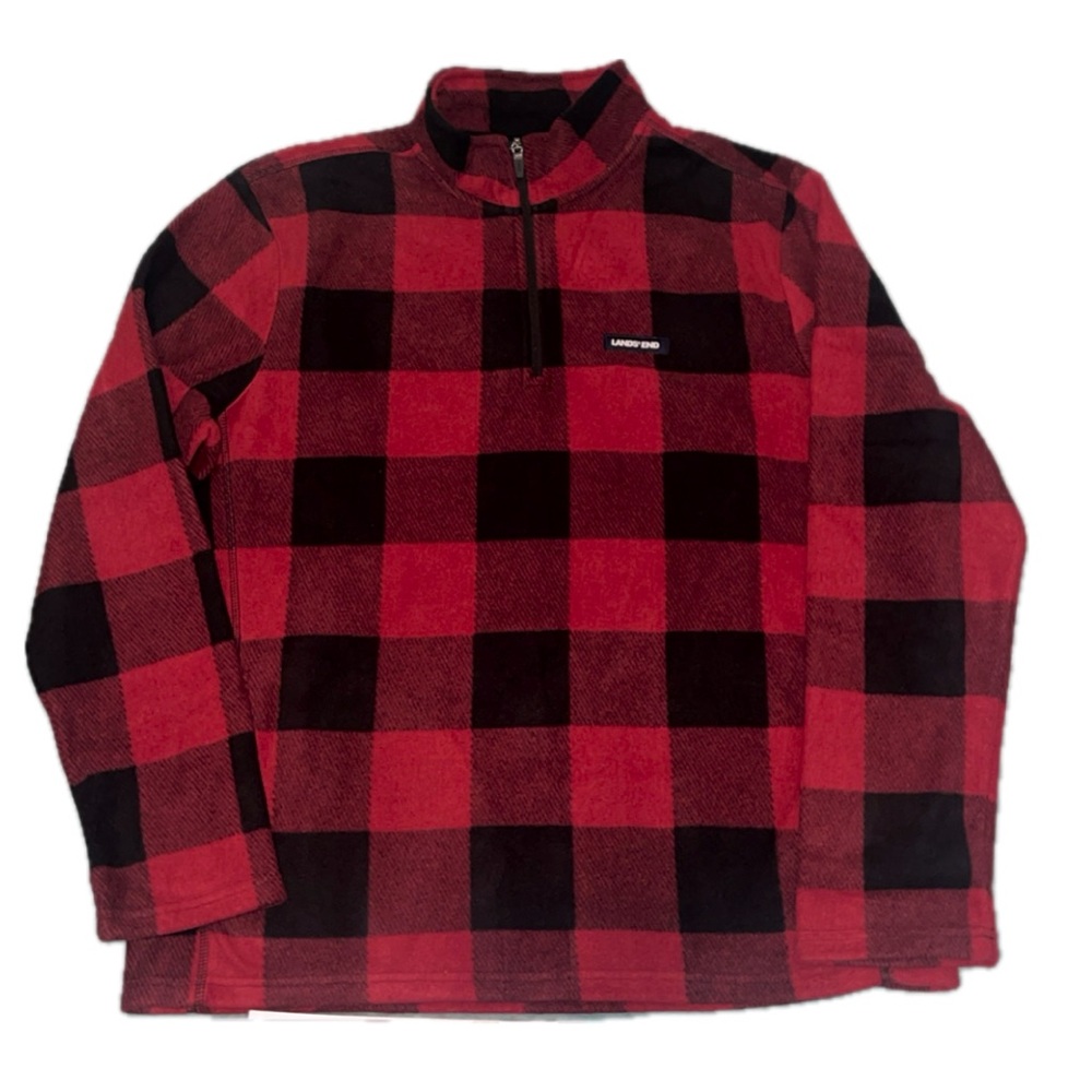 Lands’ End Men’s Polar Fleece Quarter-Zip Pullover Red & Black Large NWT